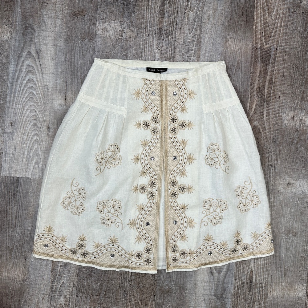 Anne Carson Cream White Embroidered A-Line Skirt